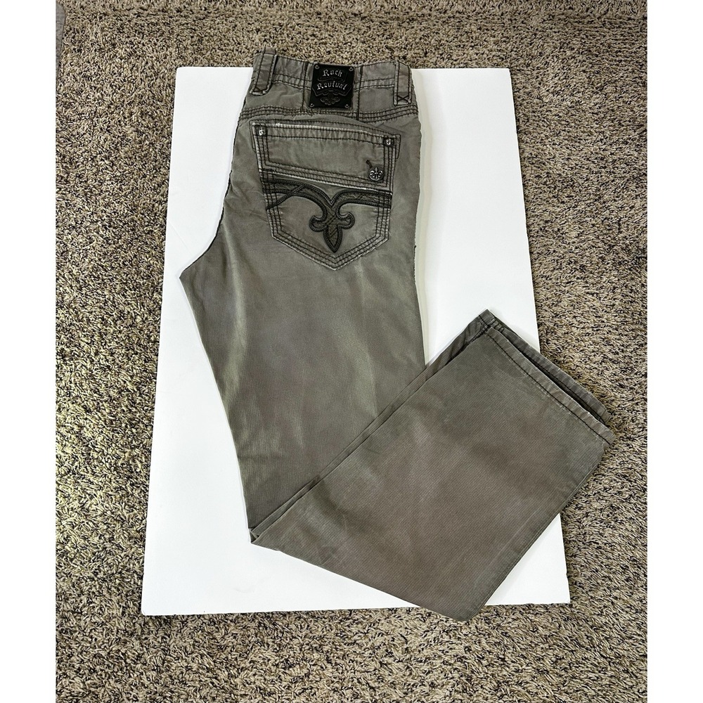Rock Revival Men's Size 36 Straight Leg Dark Gray Wash Pants Fleur-De-Lis